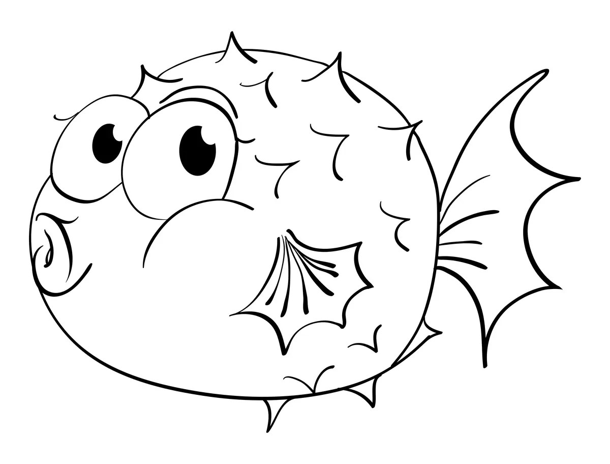 Colouring page of a round spiky pufferfish to print