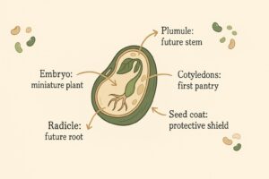 Teaching diagram showing the inside of a seed with the embryo, cotyledons, radicle and seed coat, labelled in English