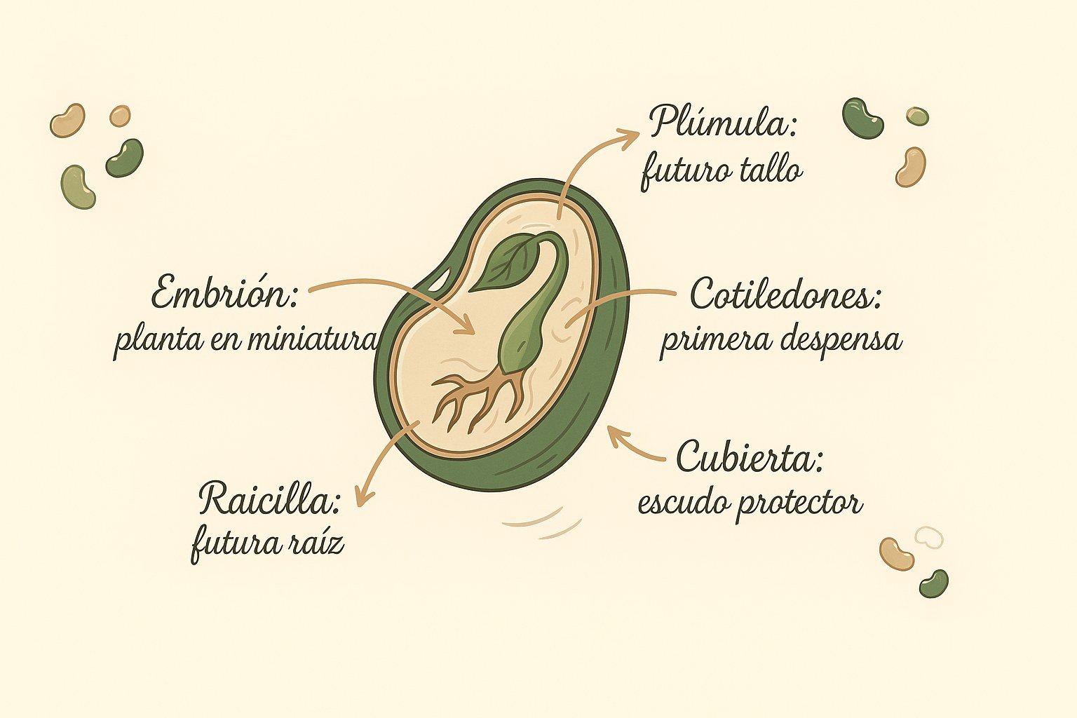 Esquema didáctico que muestra el interior de una semilla con el embrión, los cotiledones, la raicilla y la cubierta, con etiquetas en español