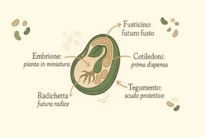 Schema didattico che mostra l'interno di un seme con l'embrione, i cotiledoni, la radichetta e il tegumento, con etichette in italiano