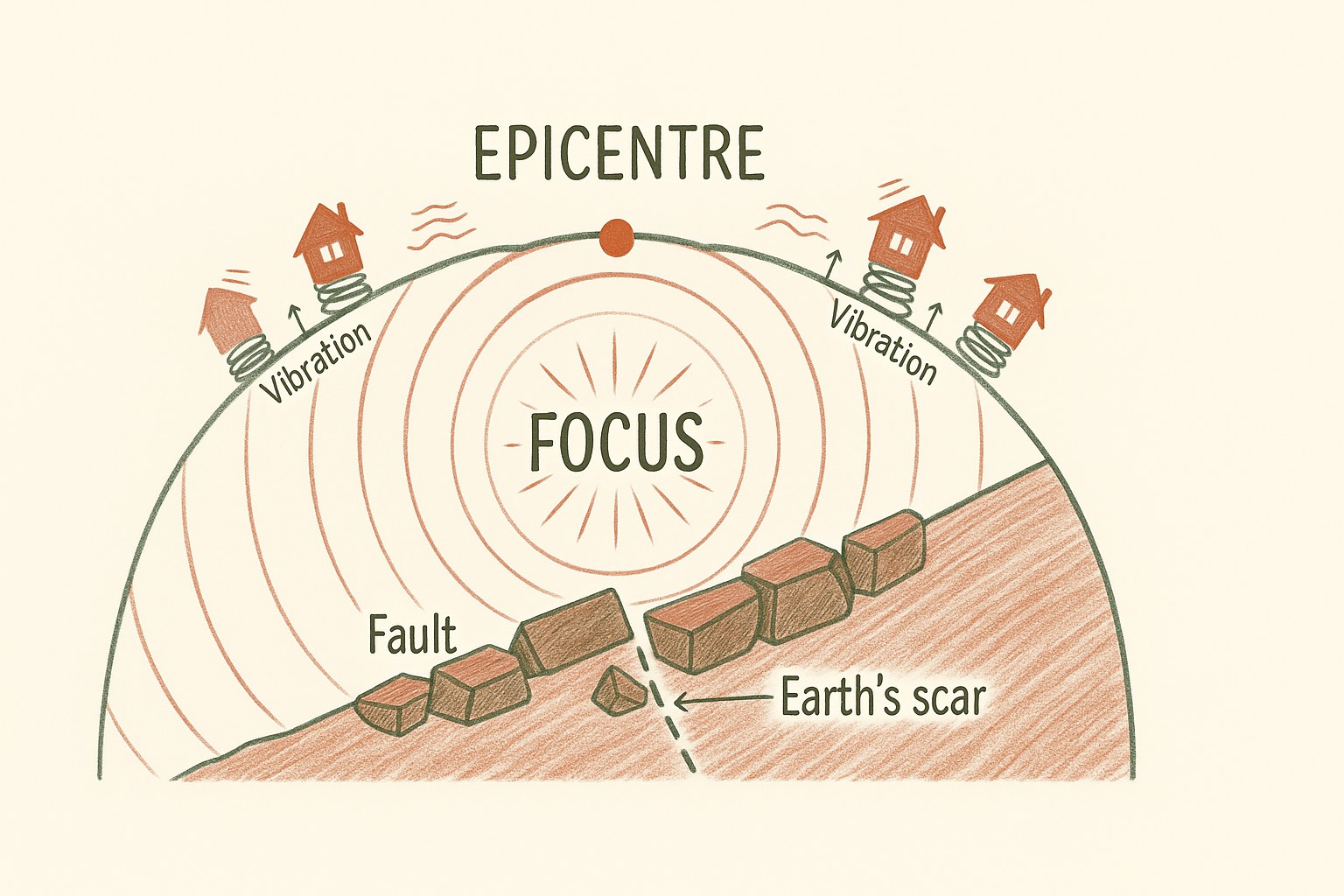 Diagram explaining the focus, the epicentre and the fault during an earthquake