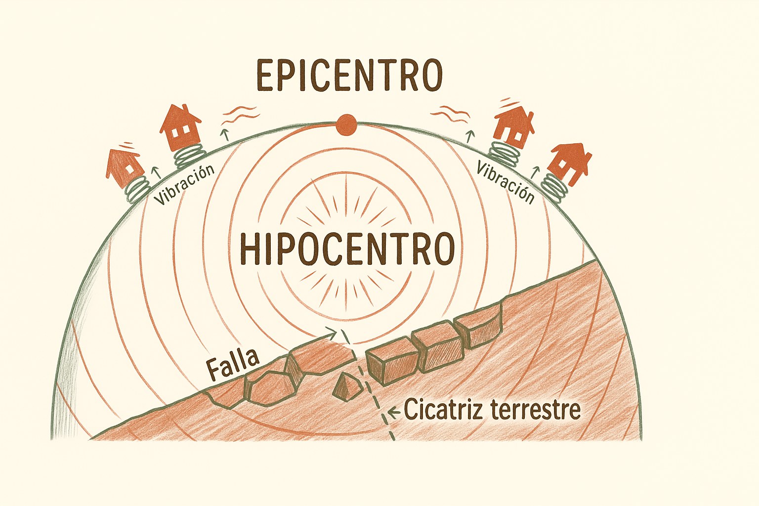 Esquema que explica el hipocentro, el epicentro y la falla durante un terremoto