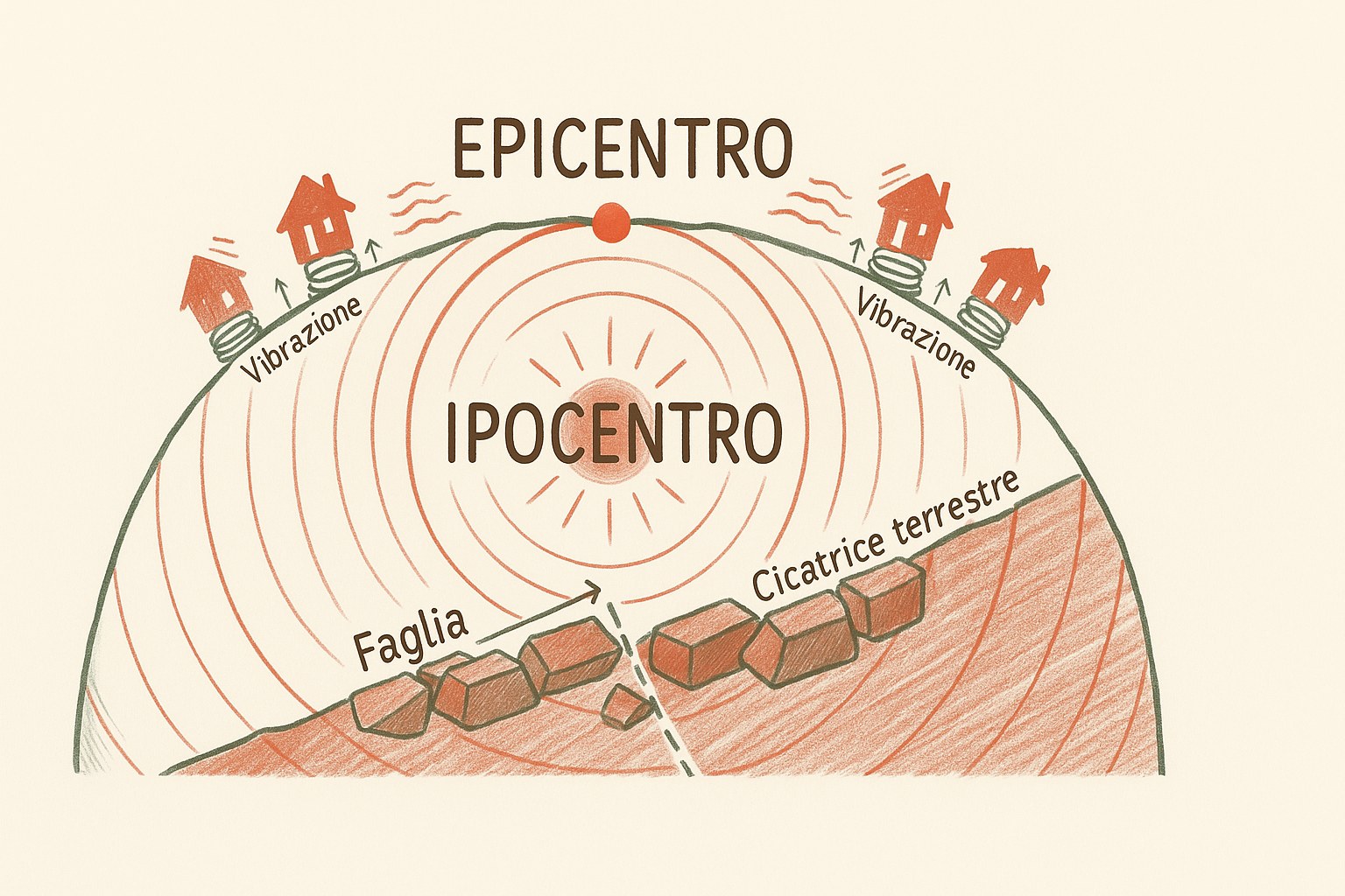 Schema che spiega l'ipocentro, l'epicentro e la faglia durante un terremoto