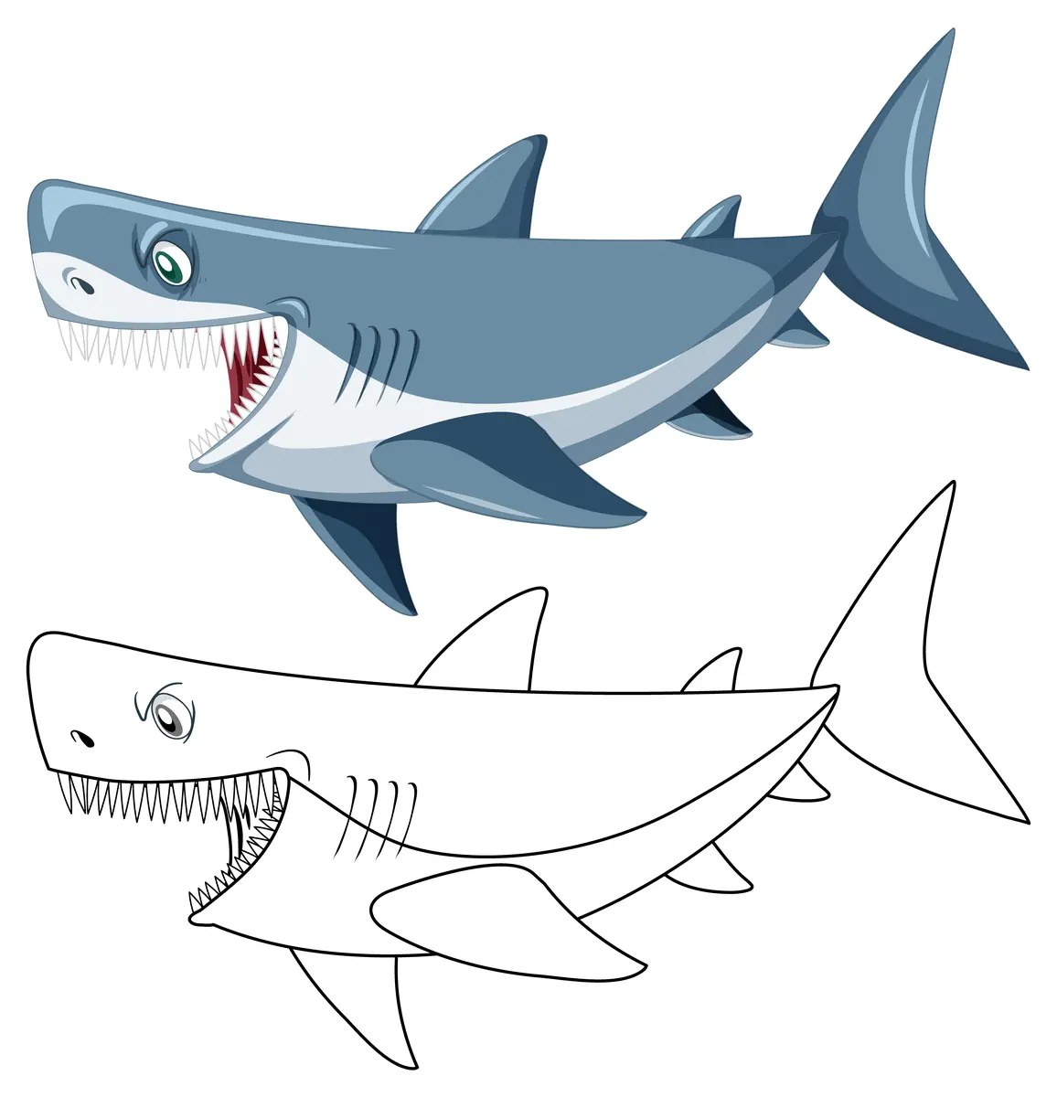 Detailed shark with its grey-white coloured version as a model colouring page to print