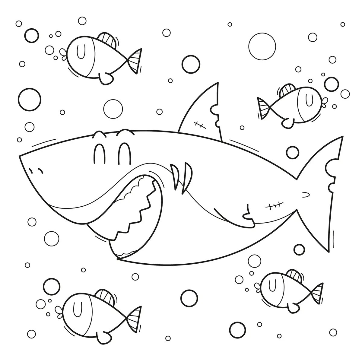 Smiling doodle shark surrounded by four funny little fish and bubbles colouring page to print
