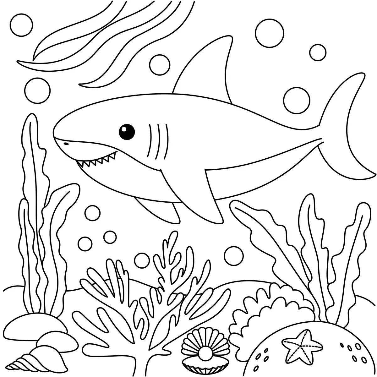 Smiling kawaii shark surrounded by corals, shells and a starfish colouring page to print