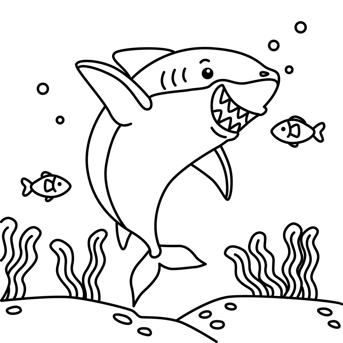 Dynamic leaping shark surrounded by little fish and seaweed colouring page to print