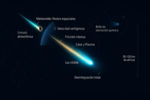 Esquema de la trayectoria de un meteoroide que entra en la atmosfera terrestre