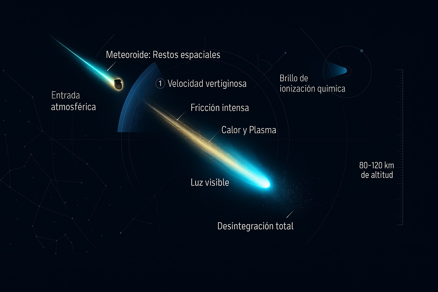 Esquema de la trayectoria de un meteoroide que entra en la atmosfera terrestre