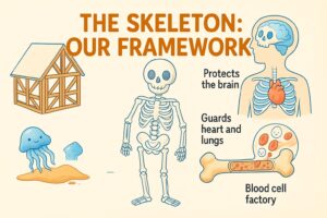 Teaching diagram of the human skeleton showing the bones and joints for kids