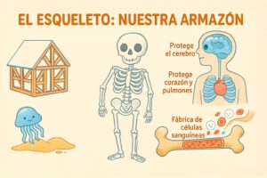 Esquema pedagógico del esqueleto humano que muestra los huesos y las articulaciones para los niños