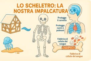 Schema didattico dello scheletro umano che mostra le ossa e le articolazioni per i bambini