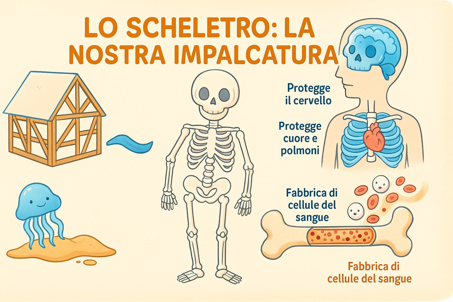 Schema didattico dello scheletro umano che mostra le ossa e le articolazioni per i bambini