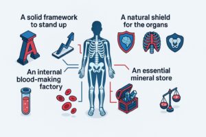 Infographic of the roles of the human skeleton: support, organ protection, blood-making and mineral storage