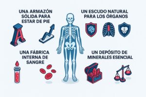 Infografia de los papeles del esqueleto humano: soporte, proteccion de organos, produccion de sangre y almacenamiento de minerales