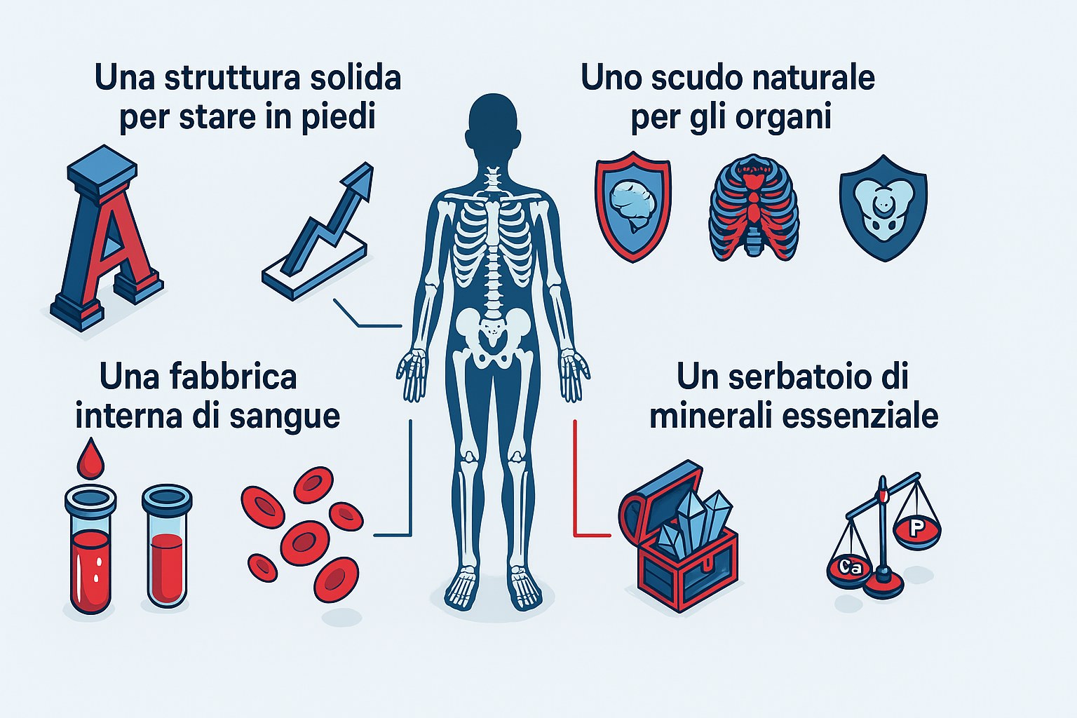 Infografica dei ruoli dello scheletro umano: sostegno, protezione degli organi, produzione di sangue e deposito di minerali