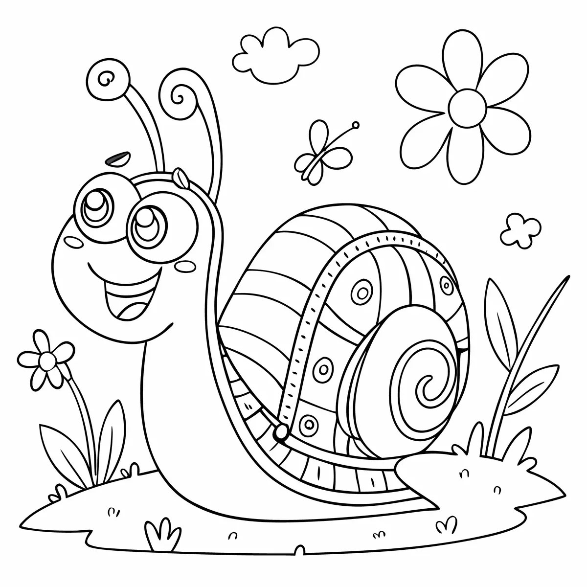 Funny smiling snail with a butterfly and flowers colouring page to print