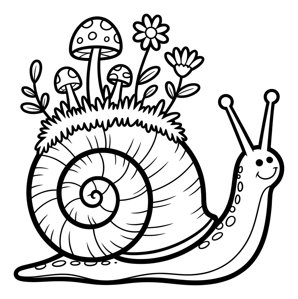 Snail with a flowery garden on its shell, mushrooms and flowers colouring page to print