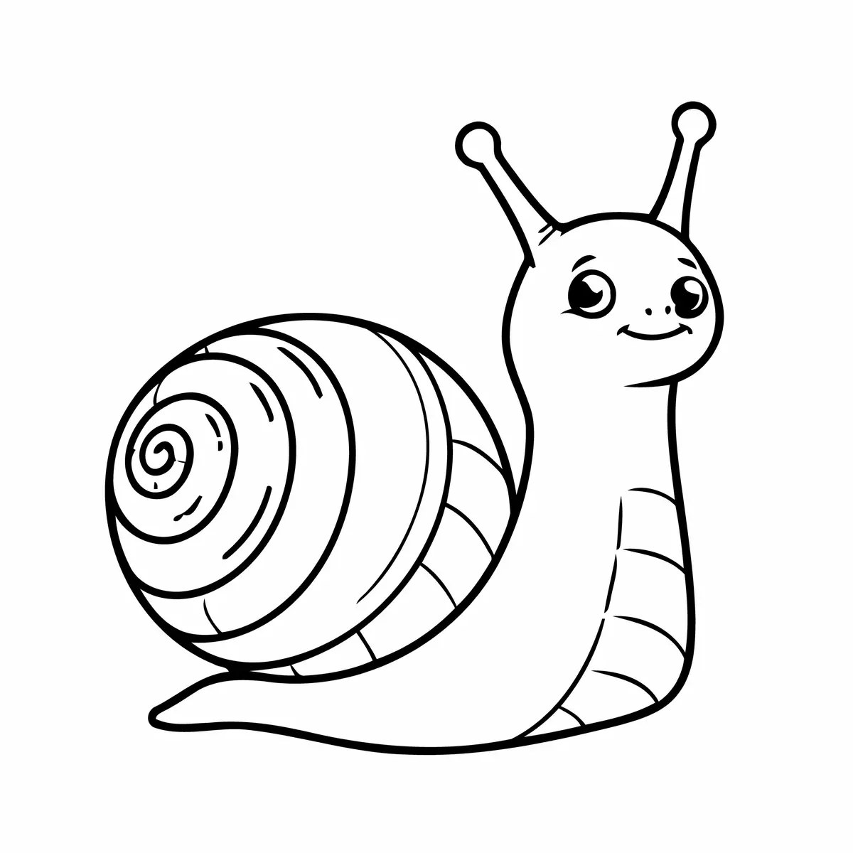 Smiling kawaii snail with big eyes colouring page to print
