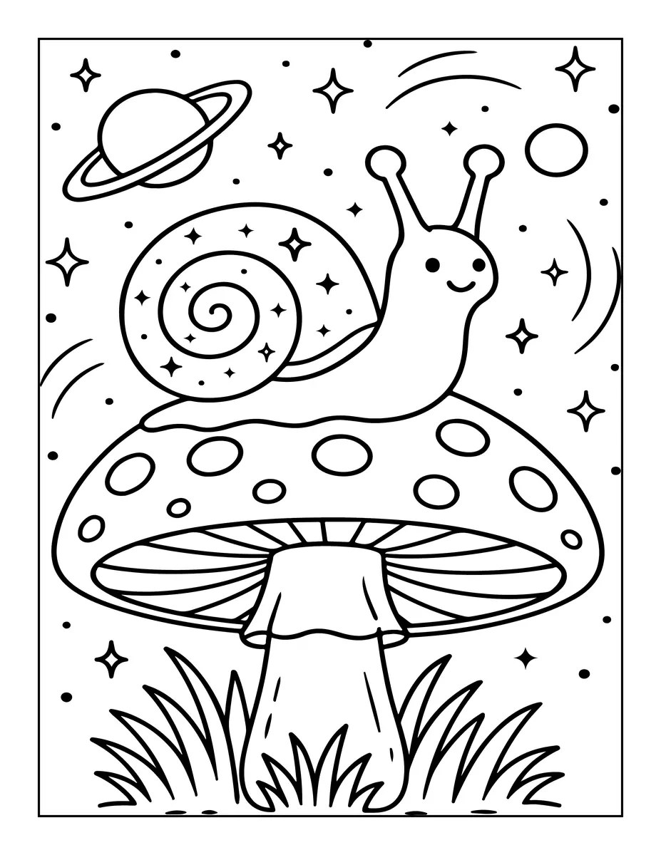 Snail in space on a mushroom with stars and a planet colouring page to print