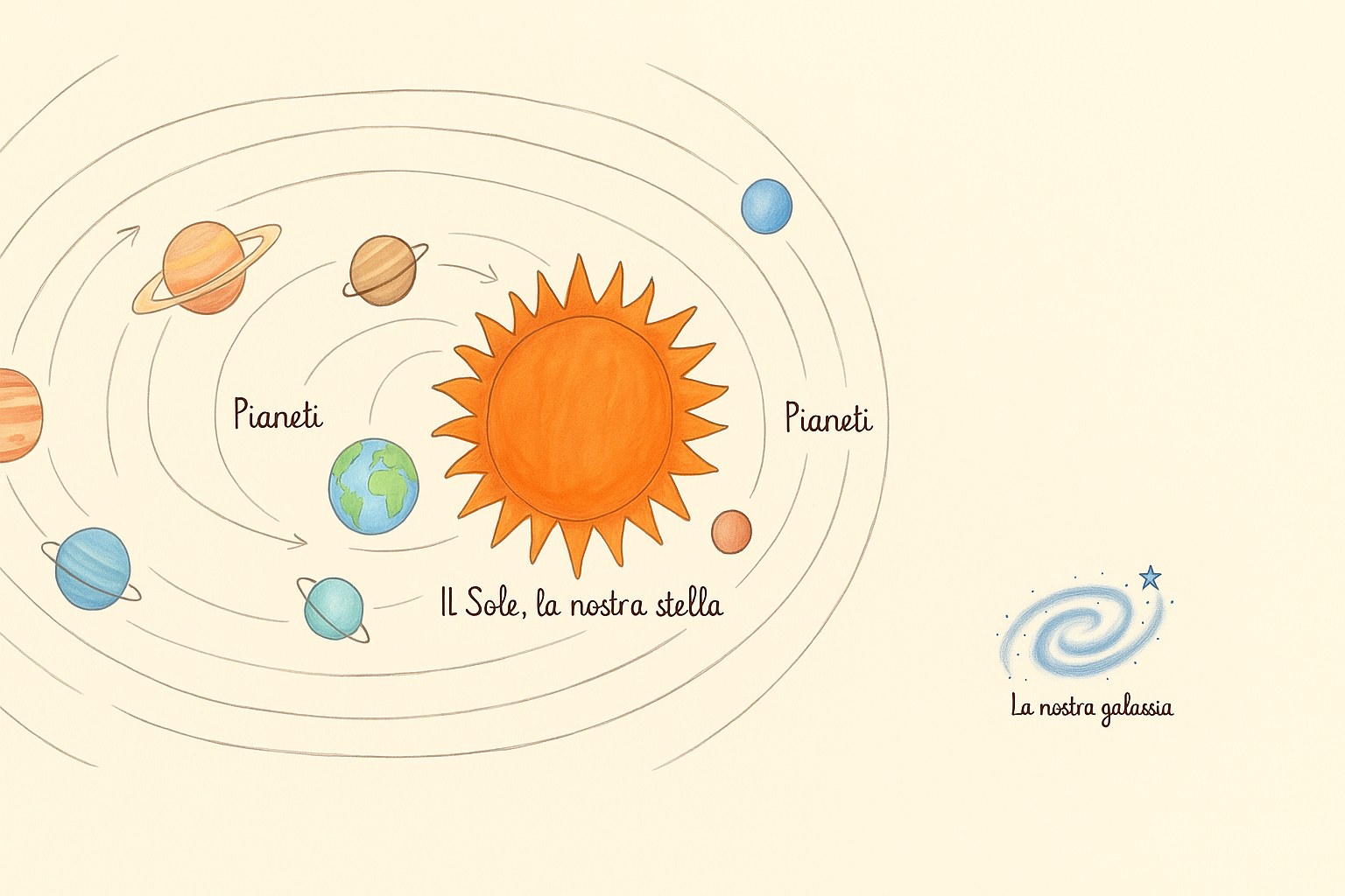 Disegno colorato del sistema solare con il Sole e gli otto pianeti in orbita