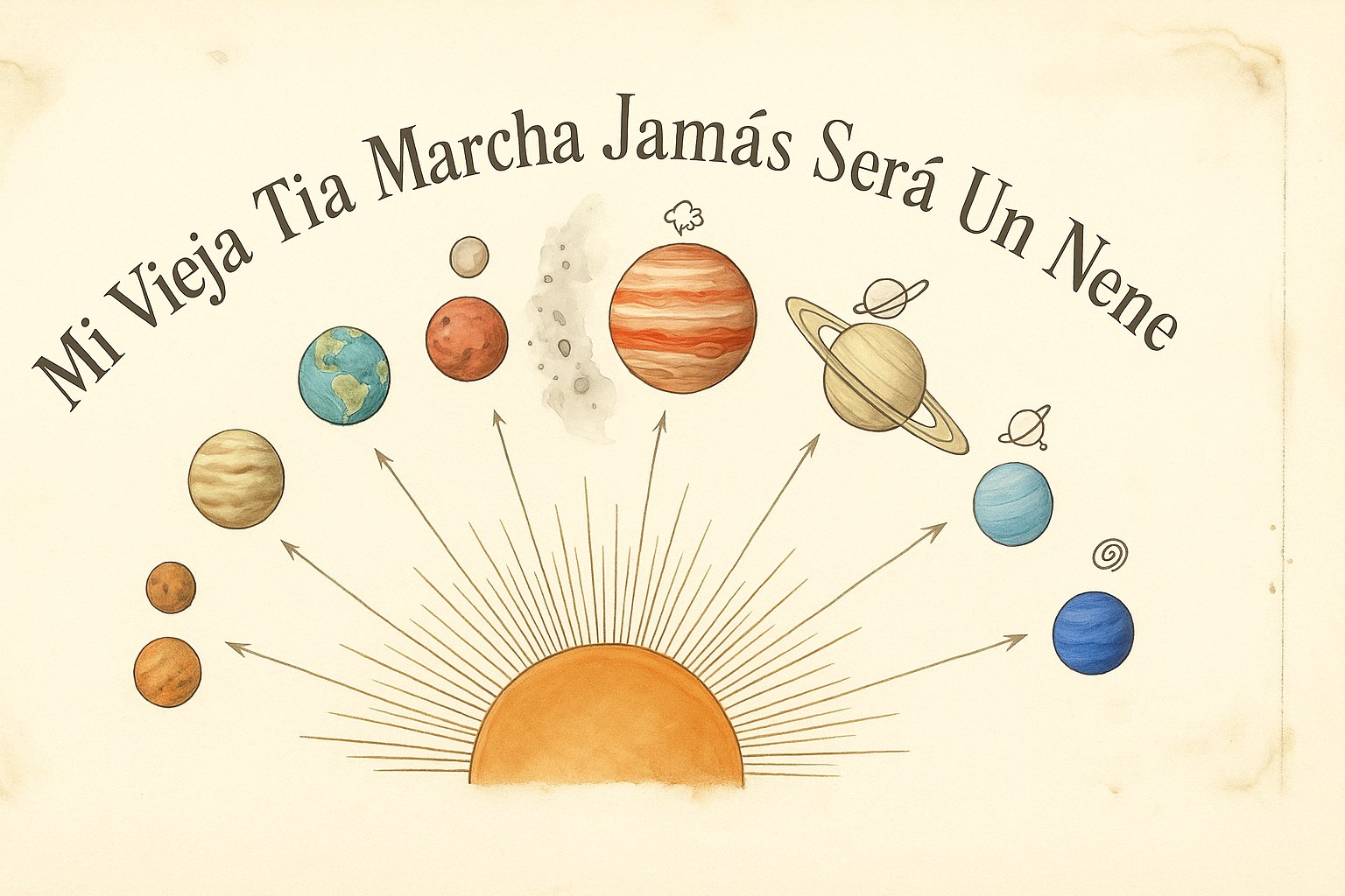 Sistema solar con los ocho planetas sobre el Sol y una frase para recordar su orden
