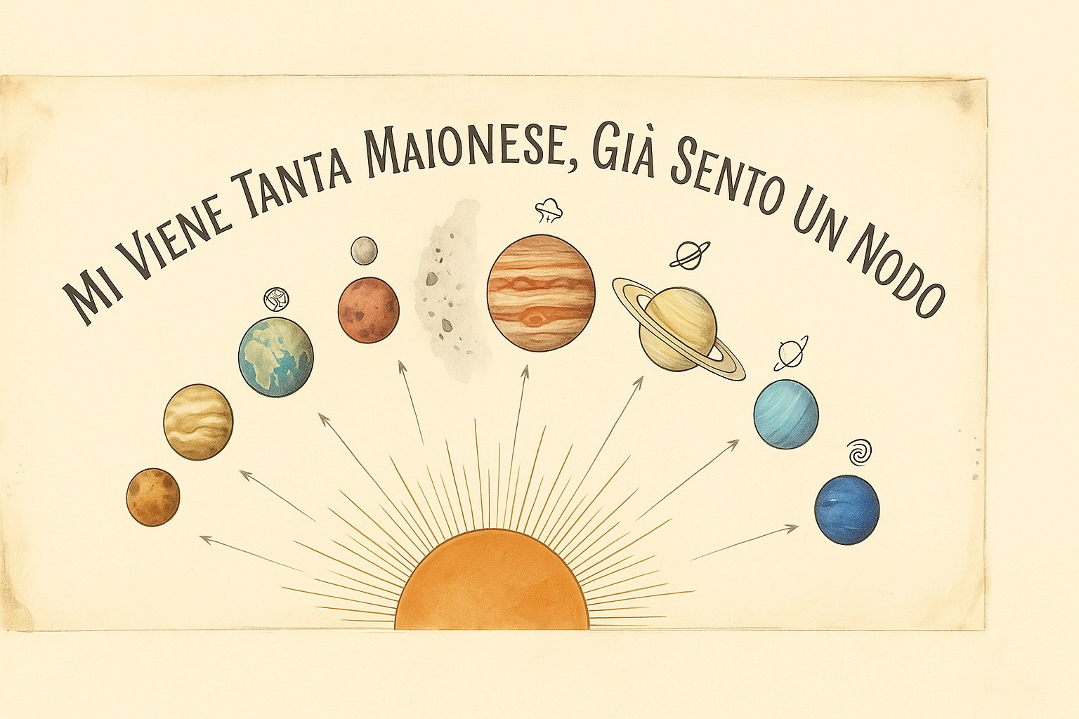 Illustrazione educativa del sistema solare con il Sole e gli otto pianeti in fila