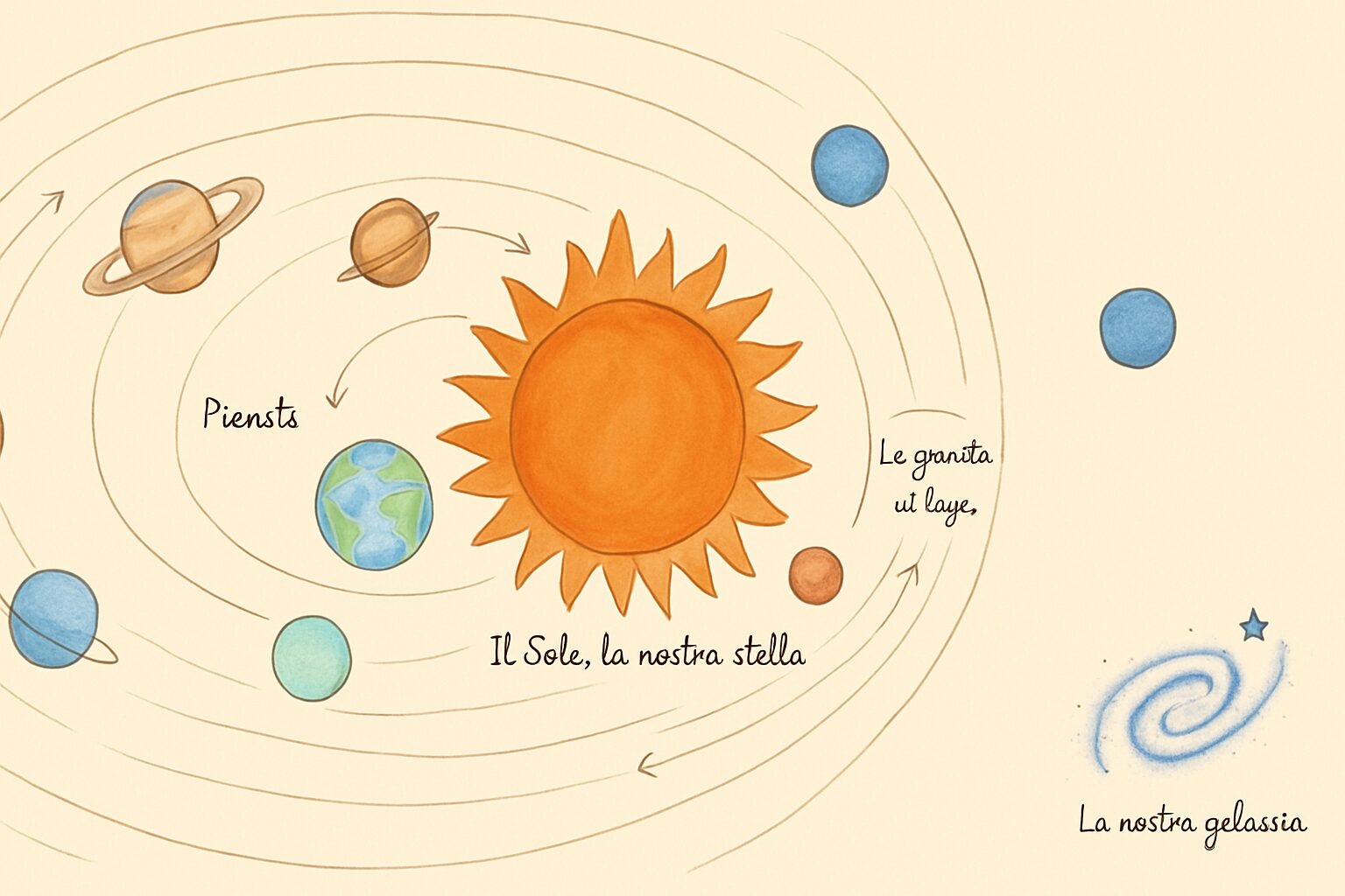 Schema del sistema solare: il Sole e i suoi otto pianeti sulle loro orbite