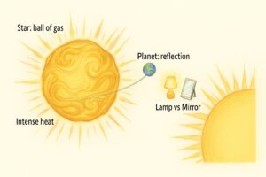 Illustration of the Sun as a star versus a planet, with a lamp and mirror comparison