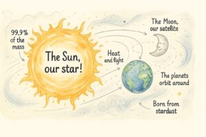 The Sun, a huge bright star at the centre of the solar system