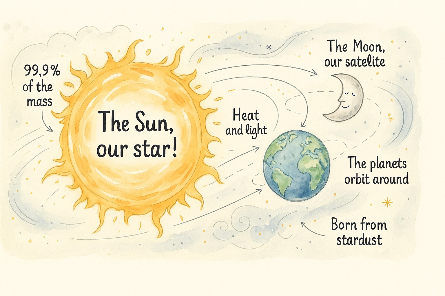 The Sun, a huge bright star at the centre of the solar system