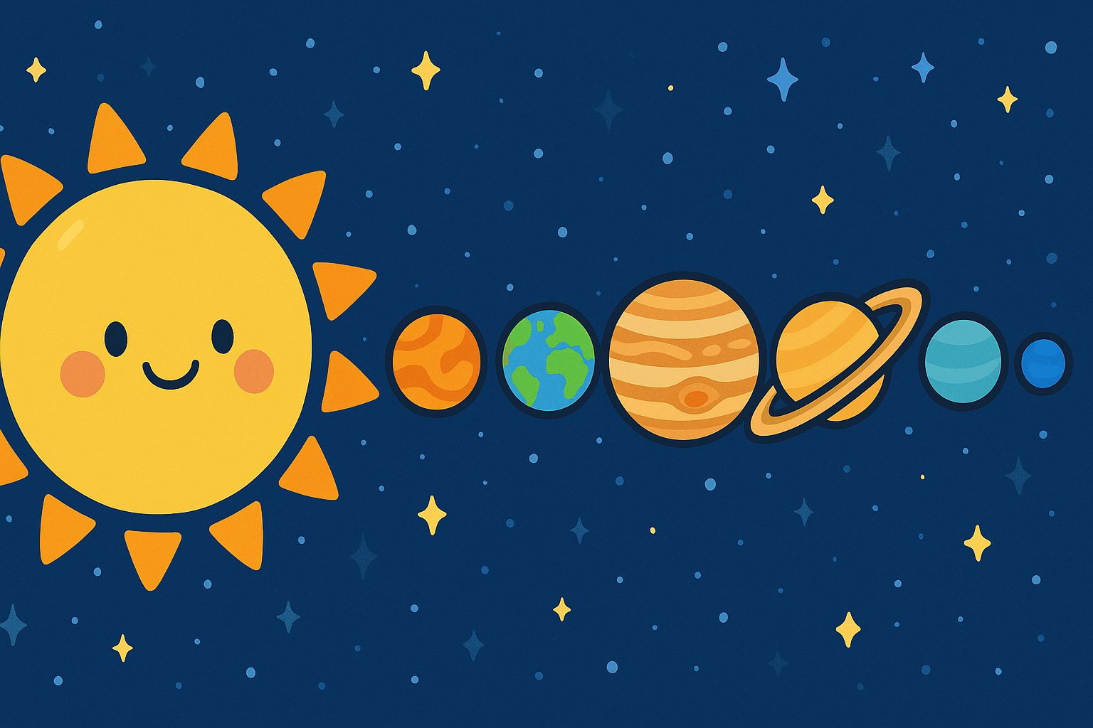 Cartoon illustration of the smiling Sun and the planets of the solar system