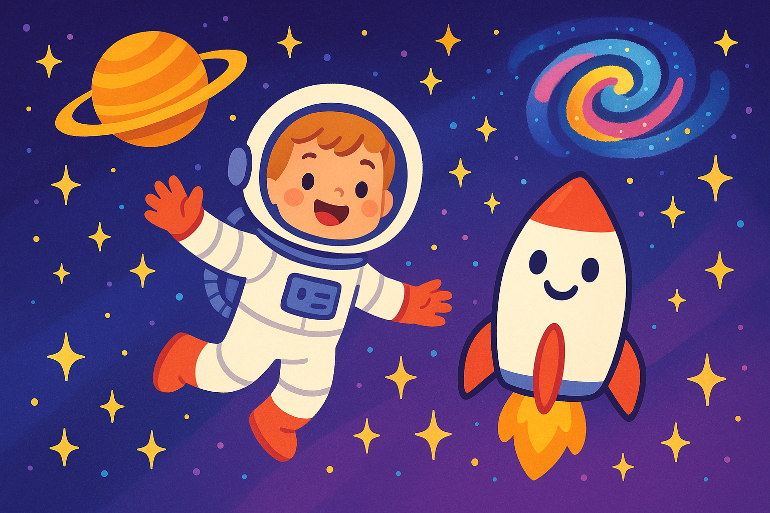 Cartoon illustration of a child astronaut, a rocket, a galaxy and planets in space