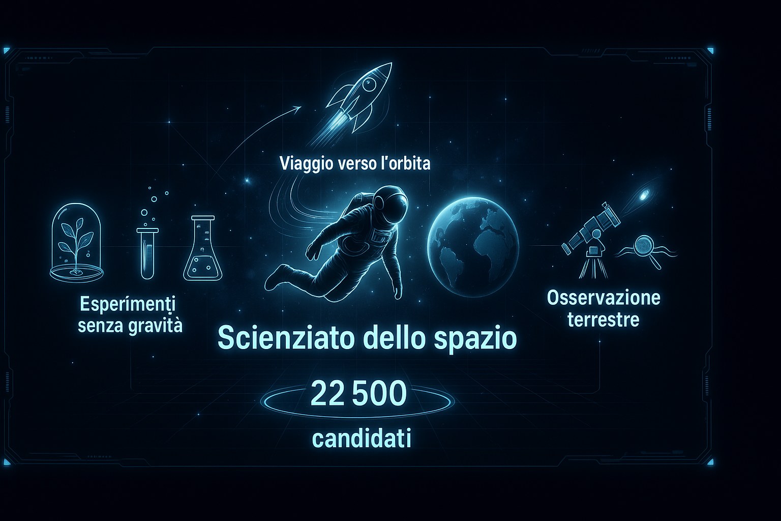 Infografica fantascientifica di un astronauta e della scienza spaziale con pianeti e un telescopio