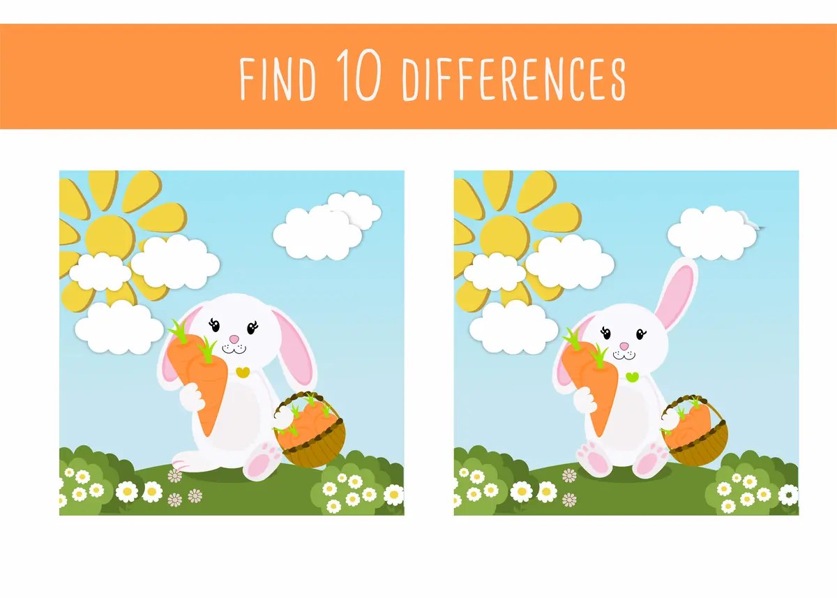 juego de las diferencias de Pascua conejo blanco con zanahoria y cesta de huevos 10 diferencias para imprimir
