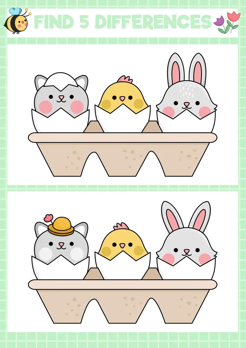 juego de las diferencias de Pascua gato pollito conejo kawaii en cascarones 5 diferencias para imprimir