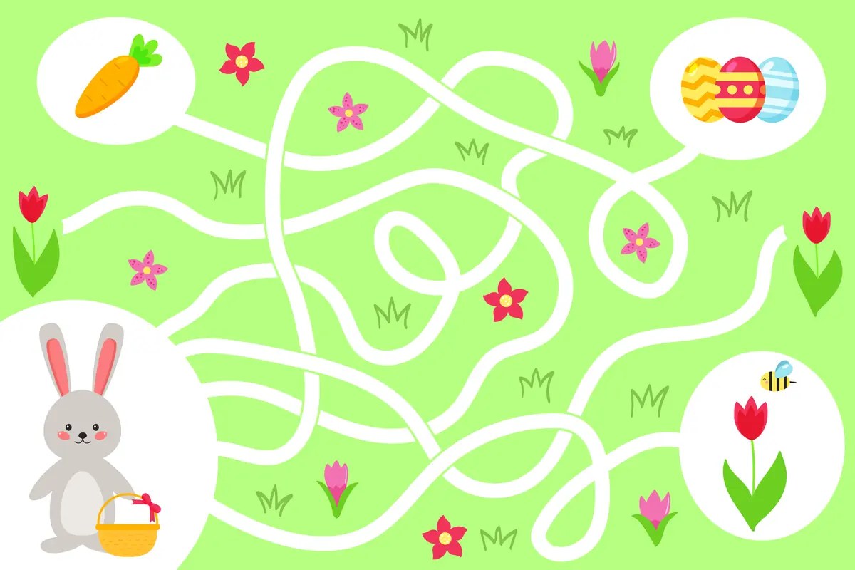 Labirinto di primavera dove il coniglio di Pasqua sceglie tra una carota, un uovo e un fiore da stampare