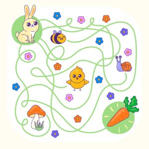 Spring maze with a rabbit, a chick and a bee leading to the carrot to print