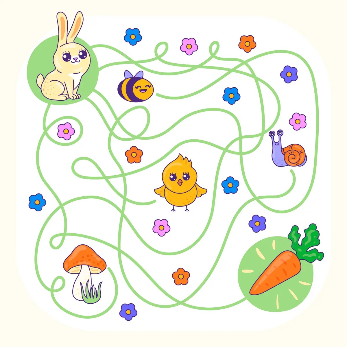 Labirinto di primavera con un coniglio, un pulcino e un'ape verso la carota da stampare