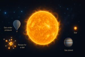 Illustration of the Sun as a giant ball of hot gas, compared with a nearby gas planet and a distant star