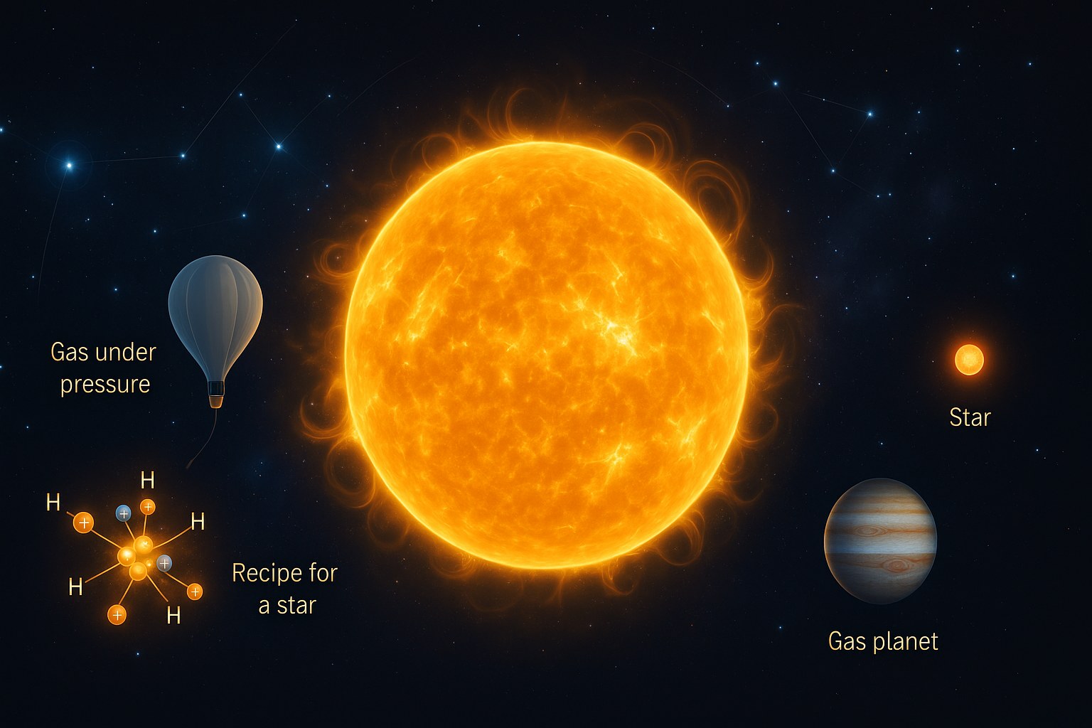 Illustration of the Sun as a giant ball of hot gas, compared with a nearby gas planet and a distant star