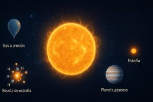 Ilustración del Sol como una bola gigante de gas caliente, junto a un planeta gaseoso cercano y una estrella lejana
