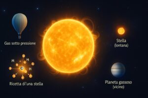 Illustrazione del Sole come una gigantesca palla di gas caldo, accanto a un pianeta gassoso vicino e a una stella lontana