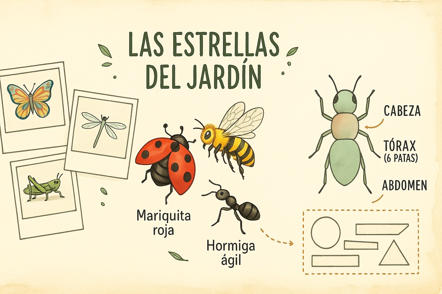 Infografía pedagógica que presenta la mariquita, la abeja y la hormiga para los niños