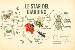 Infografica didattica che mostra la coccinella, l'ape e la formica con anatomia semplificata, con etichette in italiano