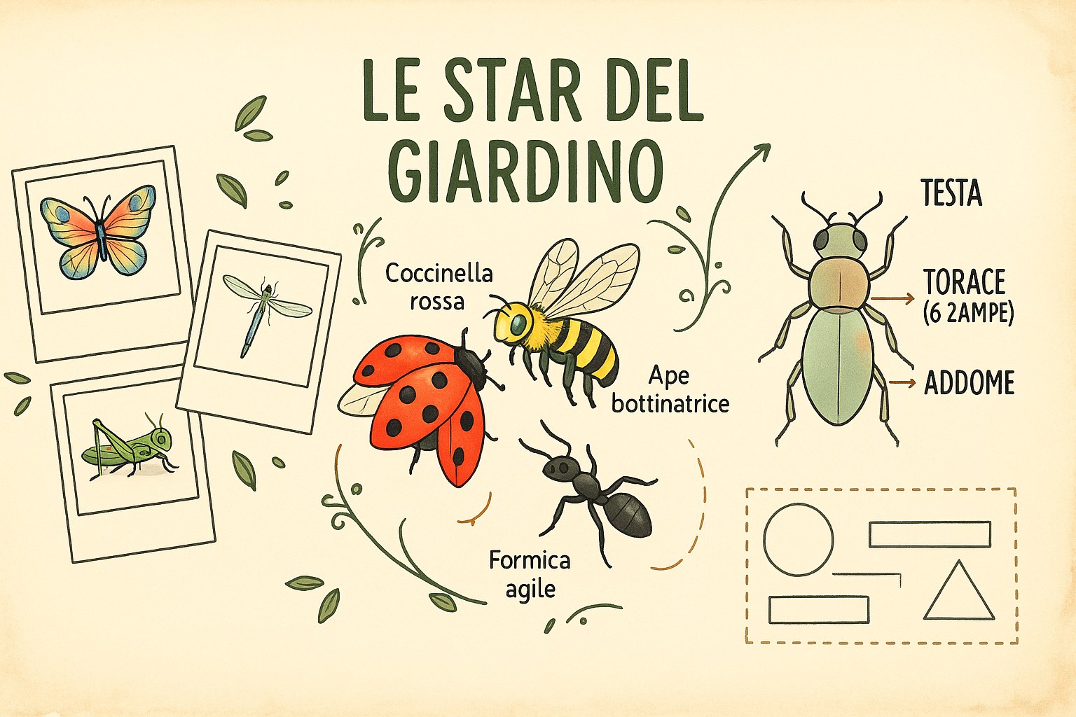 Infografica didattica che mostra la coccinella, l'ape e la formica con anatomia semplificata, con etichette in italiano