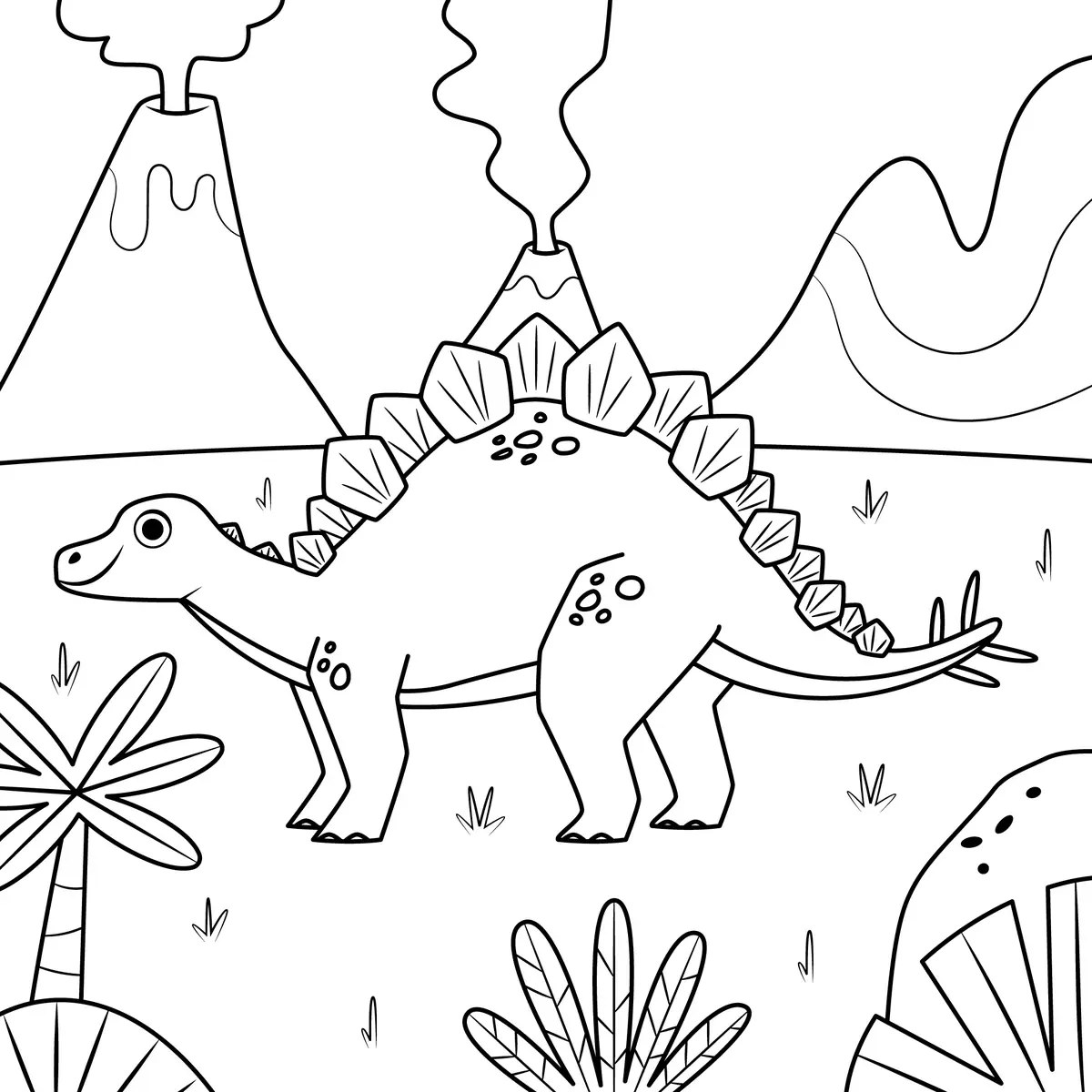 stegosaurus between two volcanoes colouring page to print