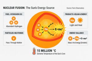 Diagram of nuclear fusion at the heart of the Sun turning hydrogen into helium