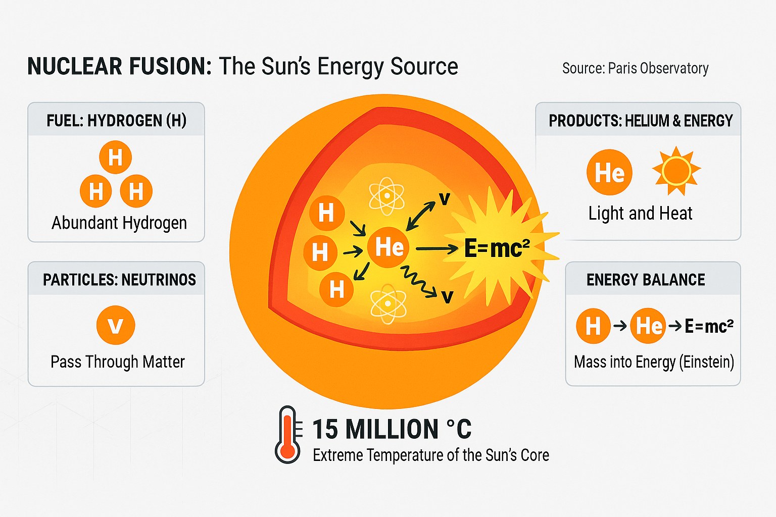 Diagram of nuclear fusion at the heart of the Sun turning hydrogen into helium