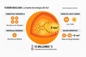 Esquema de la fusión nuclear en el corazón del Sol que transforma el hidrógeno en helio